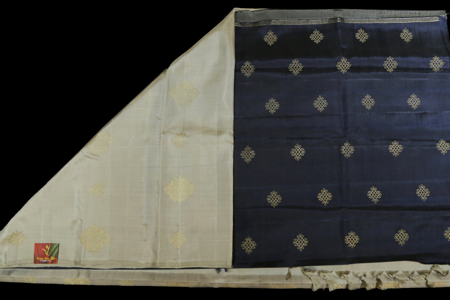 Beije and blue kolam saree