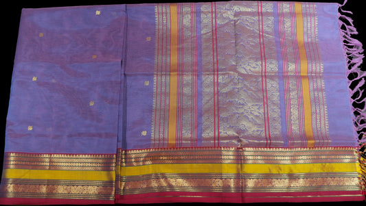 Violet double shade saree with red and yellow border