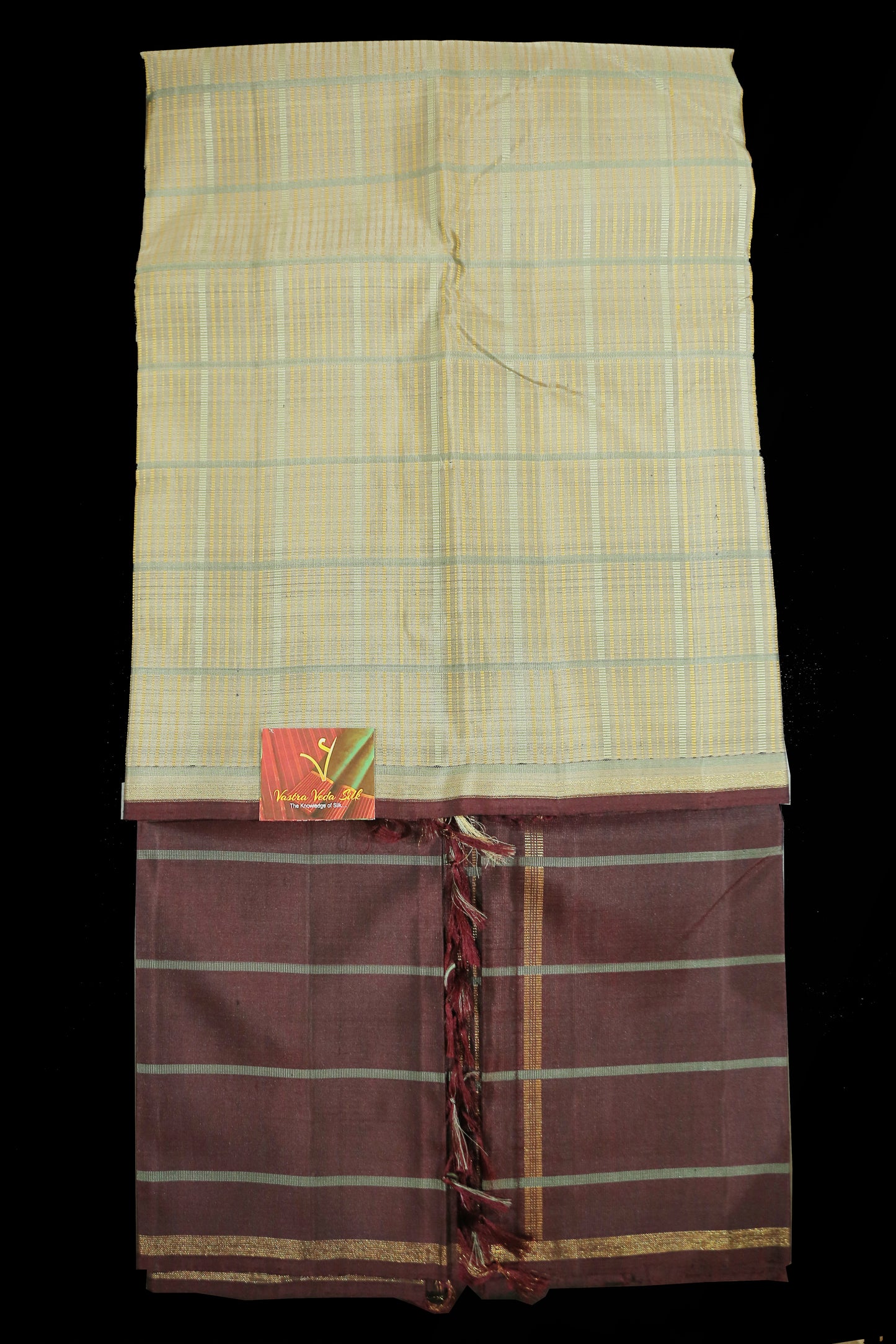 Creamy beije with wine shade half and half saree