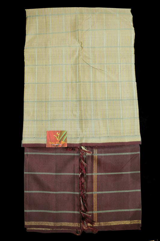 Creamy beije with wine shade half and half saree