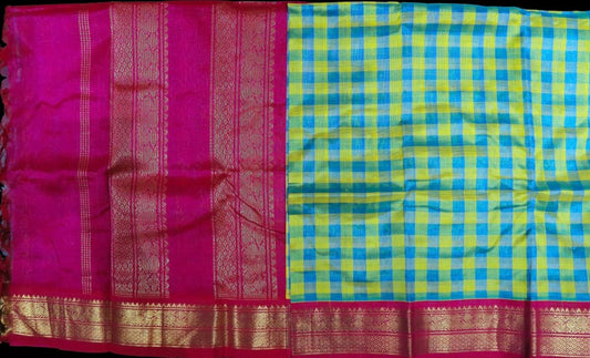 Yellow and teal with pink saree