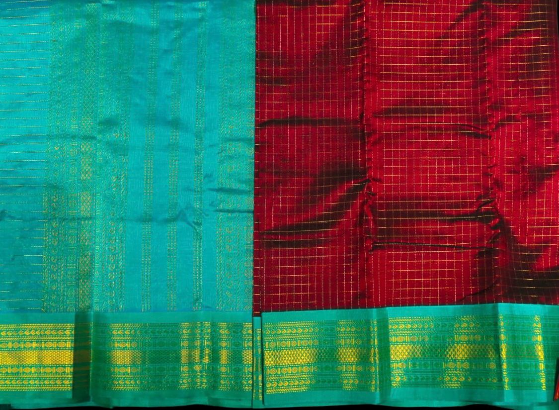 Meroon with turquoise saree