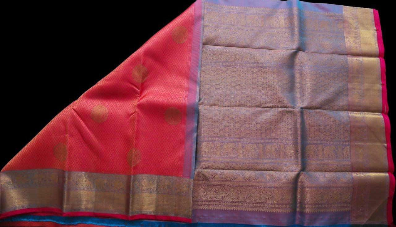 Pink and blue jacquard saree