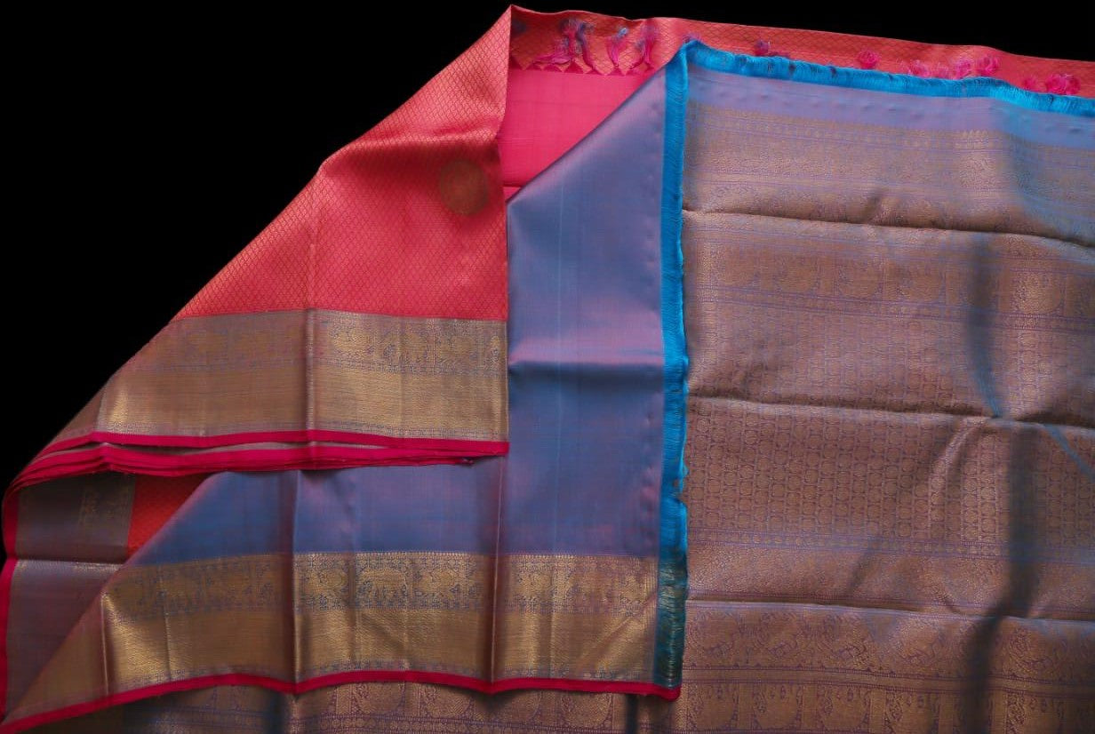 Pink and blue jacquard saree
