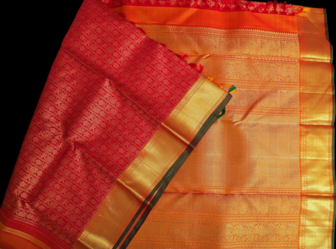 Bright red with olive green saree